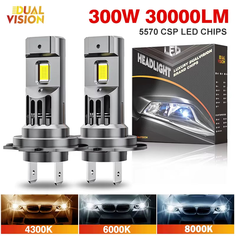 300W Turbo H7 H11 LED Headlight Bulbs - 30000LM High Brightness, CANBUS Compatible, Mini Wireless Design with Fan for H4 9012 9005 HB3 9006