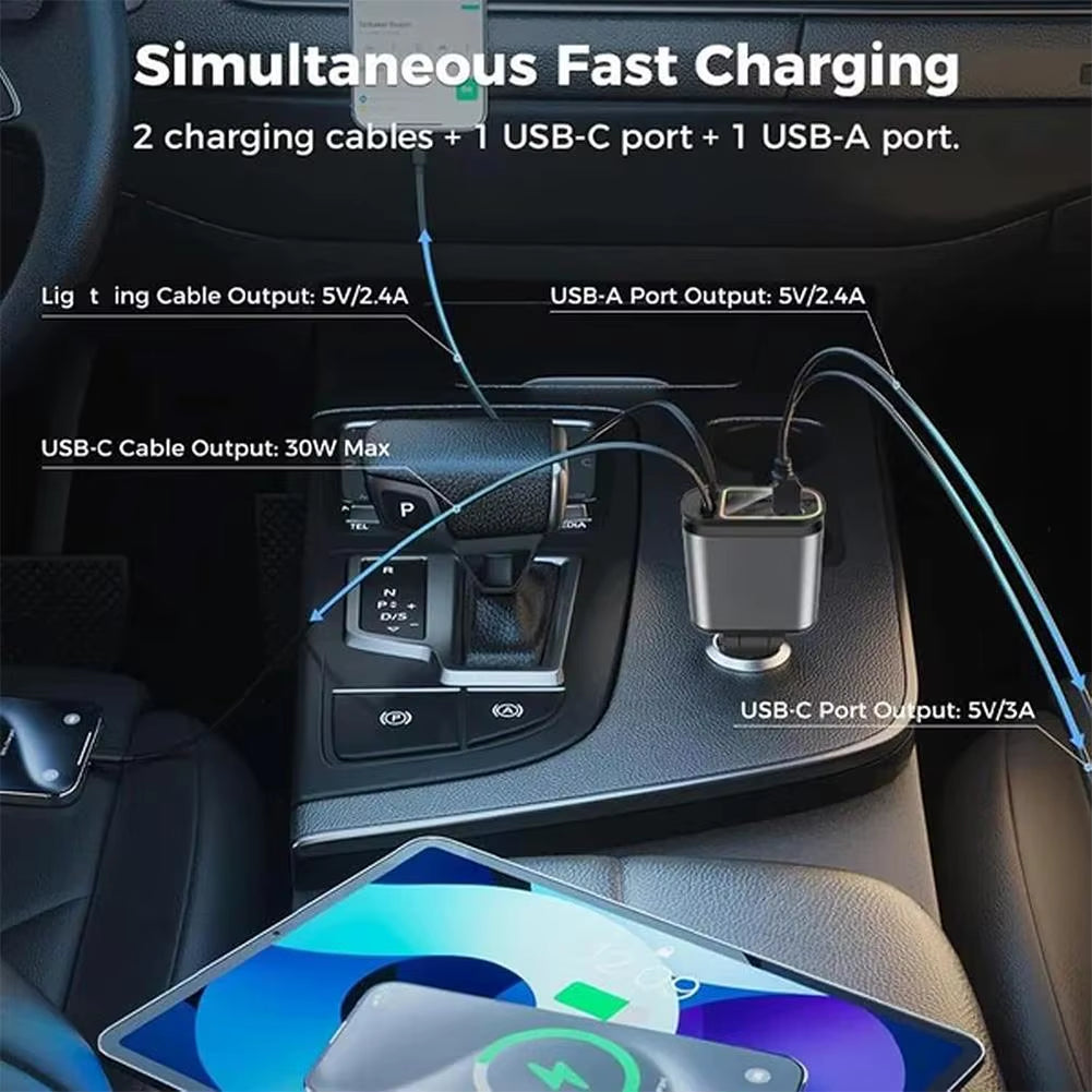 4-in-1 120W Retractable Car Charger with Starry Night Light & Type C Fast Charging - Dual Car Charge Adapter