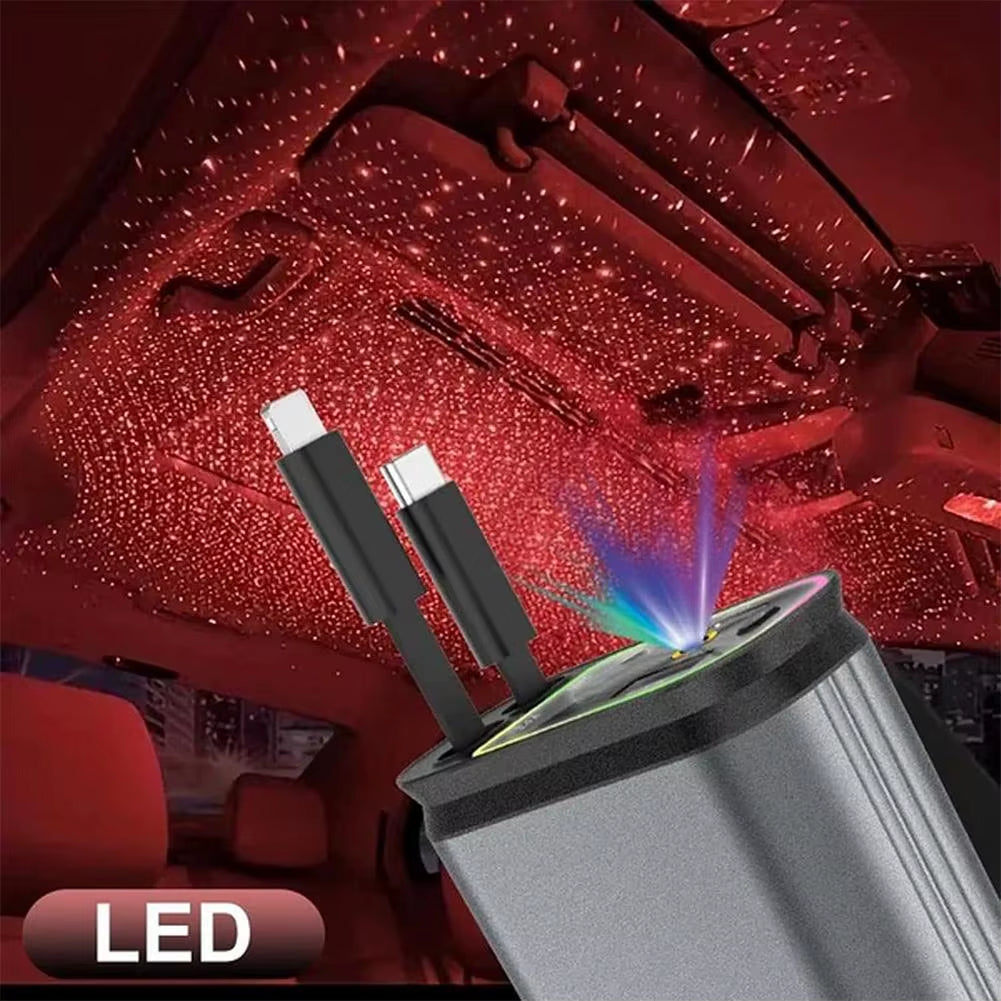 4-in-1 120W Retractable Car Charger with Starry Night Light & Type C Fast Charging - Dual Car Charge Adapter